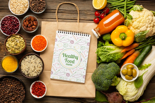 Free Top View Arrangement Of Healthy Organic Food And Paper Bags Psd
