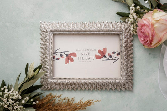Free Top View Arrangement Of Wedding Elements With Frame Mock-Up Psd