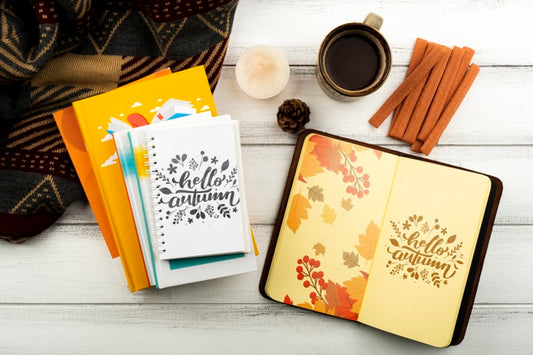 Free Top View Arrangement With Notebooks And Coffee Cup Psd