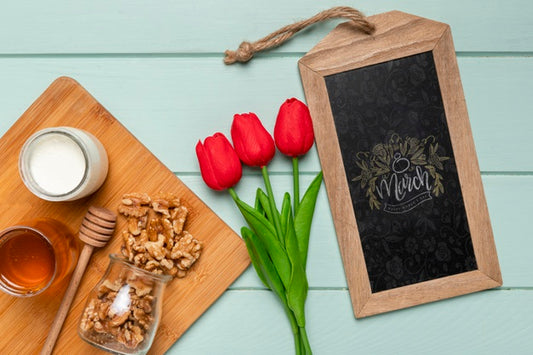 Free Top View Arrangement With Tulips And Nuts Psd
