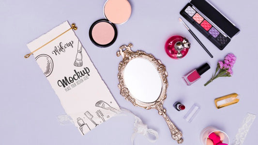 Free Top View Assortment Of Make-Up And Mirror Mock-Up Psd