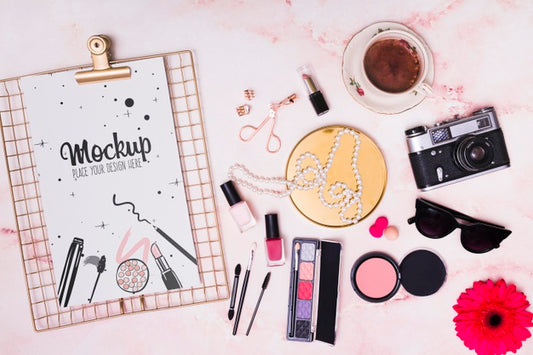 Free Top View Assortment Of Make-Up And Sunglasses Mock-Up Psd