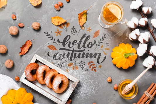 Free Top View Autumn Breakfast Concept On Stucco Background Psd