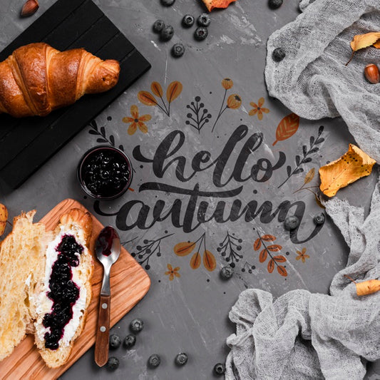 Free Top View Autumn Breakfast On Stucco Background Psd