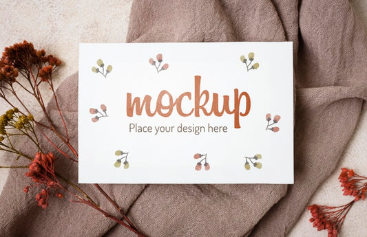 Free Top View Autumn Mock-Up With Flowers  On Grey Cloth Psd