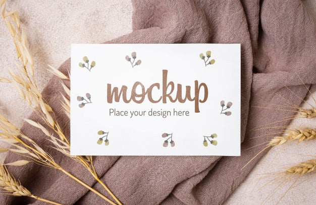 Free Top View Autumn Mock-Up With Wheat On Grey Cloth Psd
