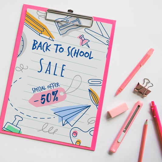 Free Top View Back To School Sale With Clipboard And Supplies Psd