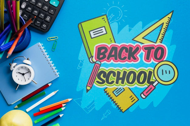 Free Top View Back To School With Blue Background Psd – CreativeBooster