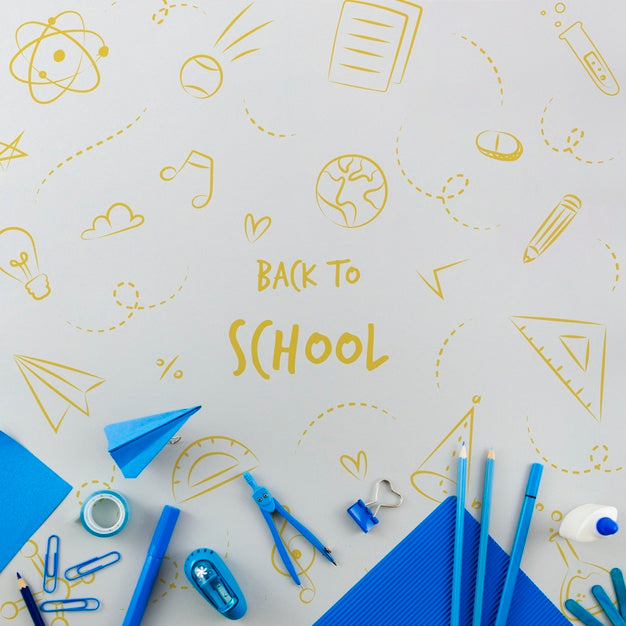 Free Top View Back To School With Blue Supplies Psd