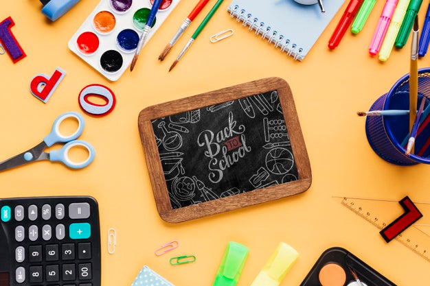 Free Top View Back To School With Mock-Up Chalkboard Psd