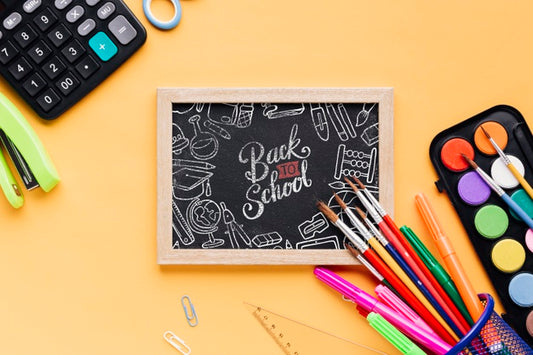 Free Top View Back To School With Mock-Up Chalkboard Psd