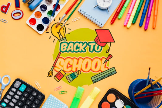 Free Top View Back To School With Orange Background Psd