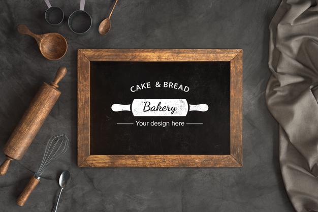 Free Top View Bakery Utensils With Chalkboard Mock-Up Psd