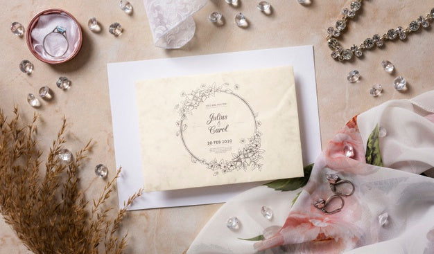 Free Top View Beautiful Arrangement Of Wedding Elements With Card Mock-Up Psd