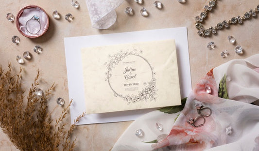 Free Top View Beautiful Arrangement Of Wedding Elements With Card Mock-Up Psd