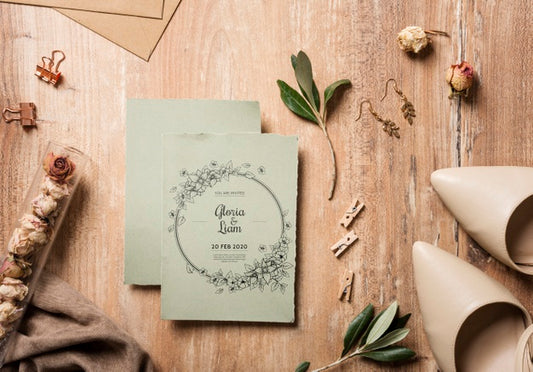 Free Top View Beautiful Assortment Of Wedding Elements With Card Mock-Up Psd