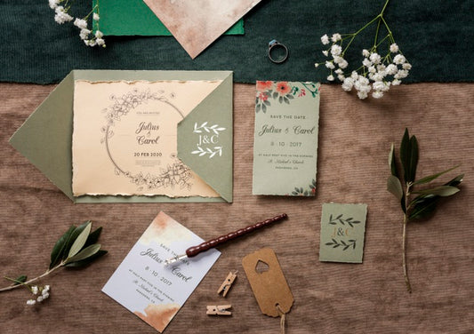 Free Top View Beautiful Assortment Of Wedding Elements With Invitation Mock-Up Psd