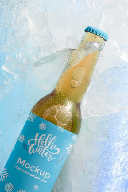 Free Top View Beer Bottle In Snow Psd