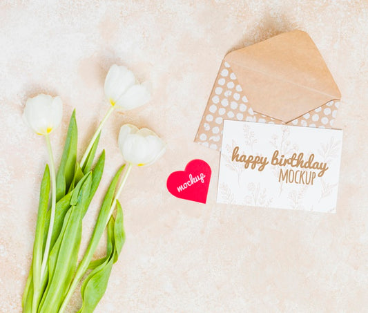 Free Top View Birthday Greeting With Flowers Psd