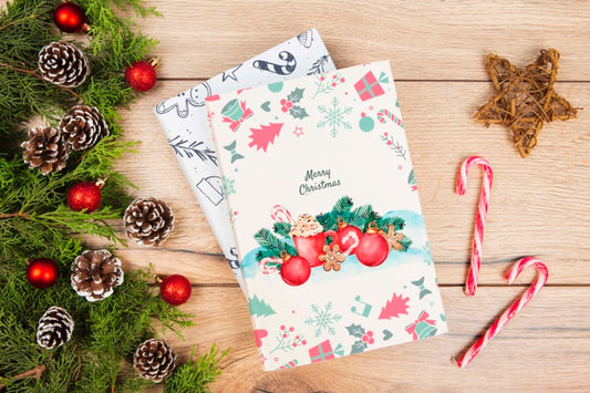Free Top View Book For Christmas Gift With Decorations Psd