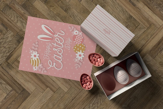 Free Top View Box With Eggs And Easter Card Psd