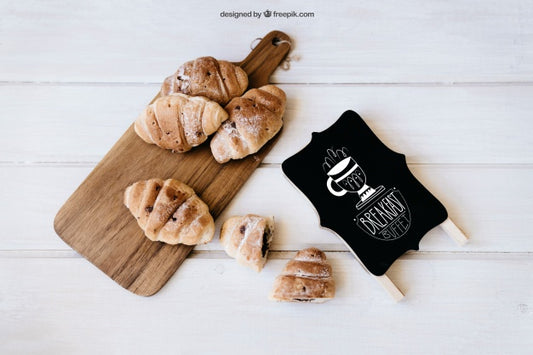Free Top View Breakfast Mockup With Croissants Psd