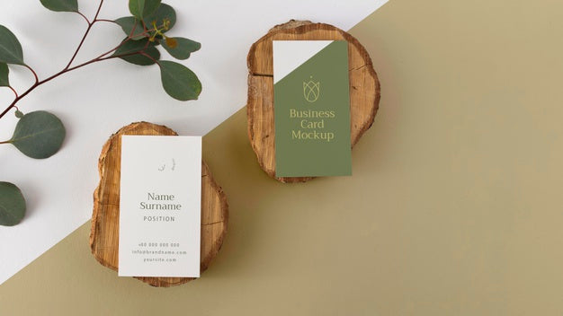 Free Top View Business Cards On Wood Psd