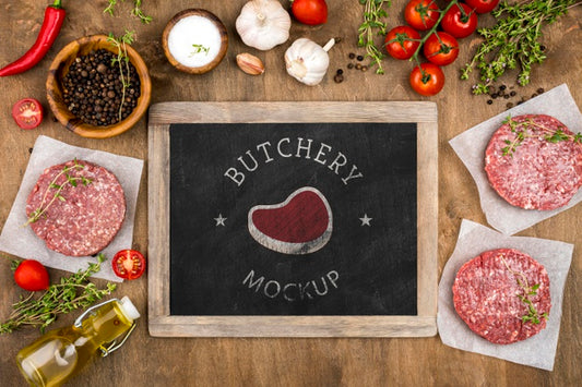 Free Top View Butcher Shop With Burgers Meat Psd