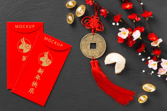 Free Top View Chinese New Year 2021 With Envelopes Mock-Up Psd