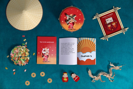 Free Top View Chinese New Year Decoration And Books Psd
