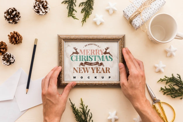 Free Top View Christmas Composition With Frame Mockup Psd