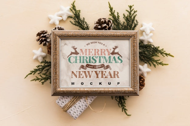 Free Top View Christmas Composition With Frame Mockup Psd