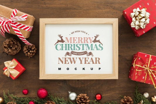 Free Top View Christmas Composition With Frame Mockup Psd