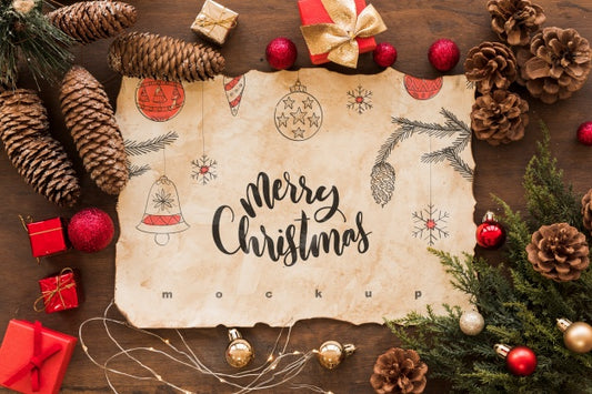 Free Top View Christmas Composition With Old Paper Mockup Psd
