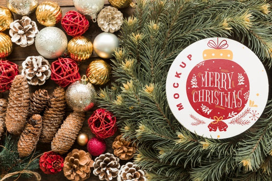 Free Top View Christmas Composition With Round Paper Mockup Psd