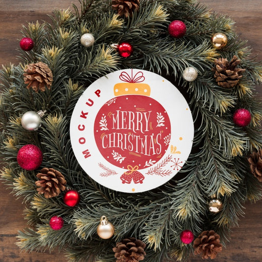 Free Top View Christmas Composition With Round Paper Mockup Psd
