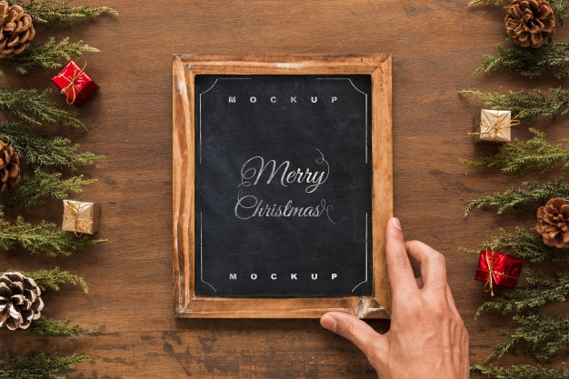 Free Top View Christmas Composition With Slate Mockup Psd