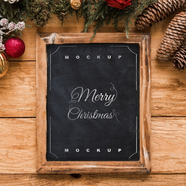 Free Top View Christmas Composition With Slate Mockup Psd