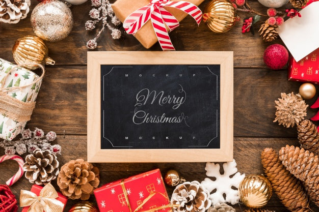 Free Top View Christmas Composition With Slate Mockup Psd