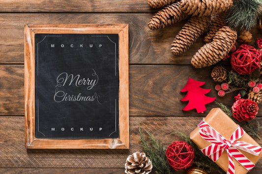 Free Top View Christmas Composition With Slate Mockup Psd