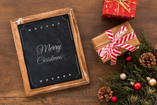 Free Top View Christmas Composition With Slate Mockup Psd