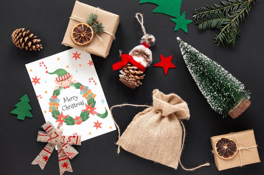 Free Top View Christmas Elements With Mock-Up Psd