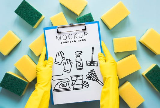 Free Top View Cleaning Sponges And Clipboard Mock-Up Psd