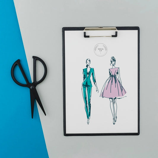Free Top View Clipboard With Drawing And Scissors Psd