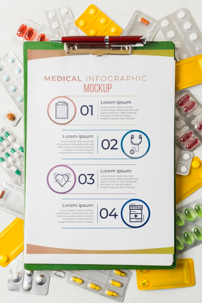 Free Top View Clipboard With Medical Elements Mock-Up Psd