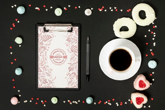 Free Top View Coffee And Candies Clipboard Mock-Up Psd