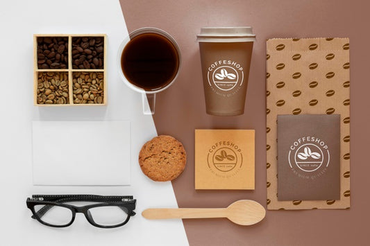 Free Top View Coffee Beans And Branding Items Psd