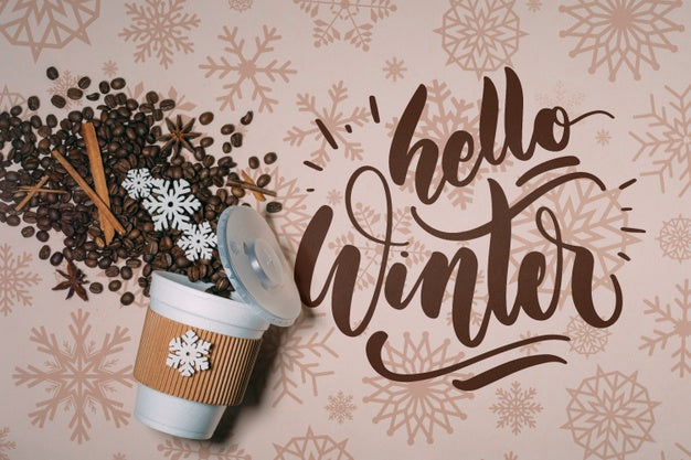 Free Top View Coffee Beans And Hello Winter Lettering Psd
