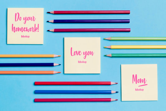 Free Top View Collection Of Pencils And Notes With Mock-Up Psd