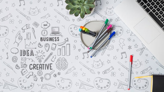 Free Top View Colorful Pens With Mock-Up Psd